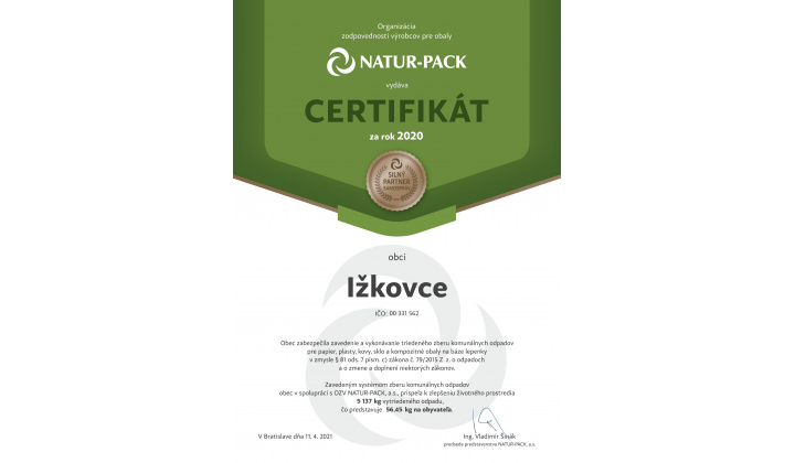 Certifikát o triedení komunálneho odpadu