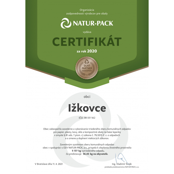 Certifikát o triedení komunálneho odpadu